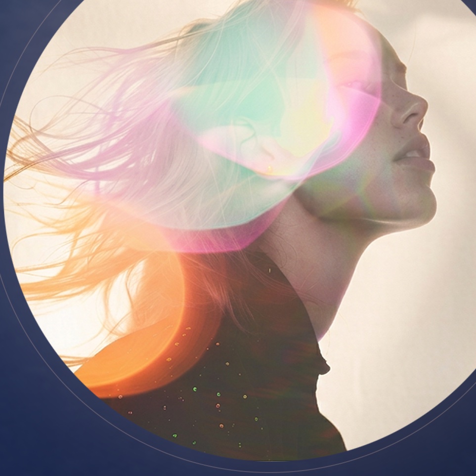 Profil einer Frau mit wehendem Haar in farbigem Lichtverlauf – Key Visual — KI-generierte Illustration